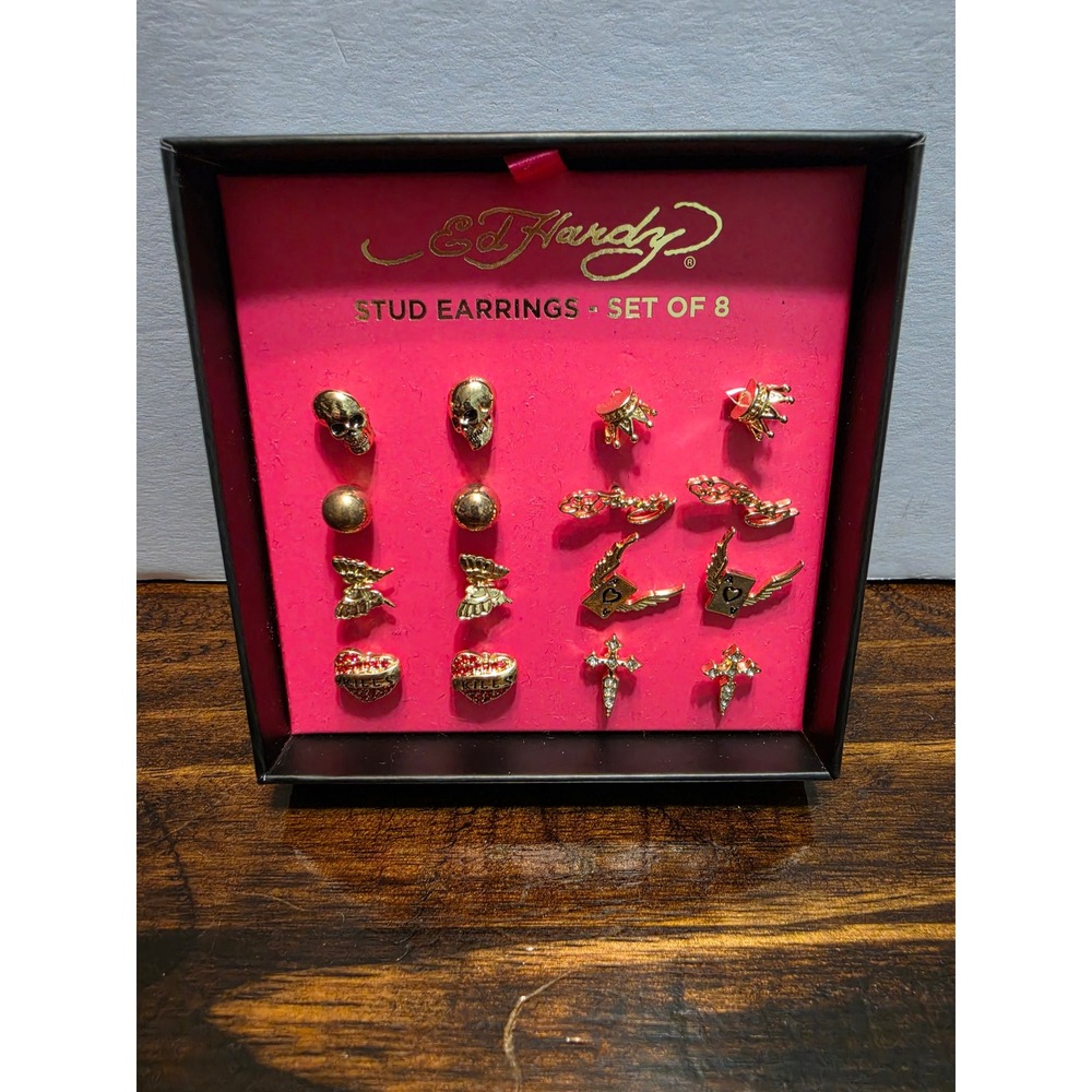 Ed Hardy 8 Pair Stud Earring Set Gold Tone Skull Heart Cross Wings NIB